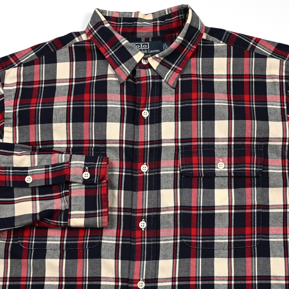 VTG Polo Ralph Lauren Men's Plaid Flannel Shirt Large‎ Work Button Up L/S Preppy